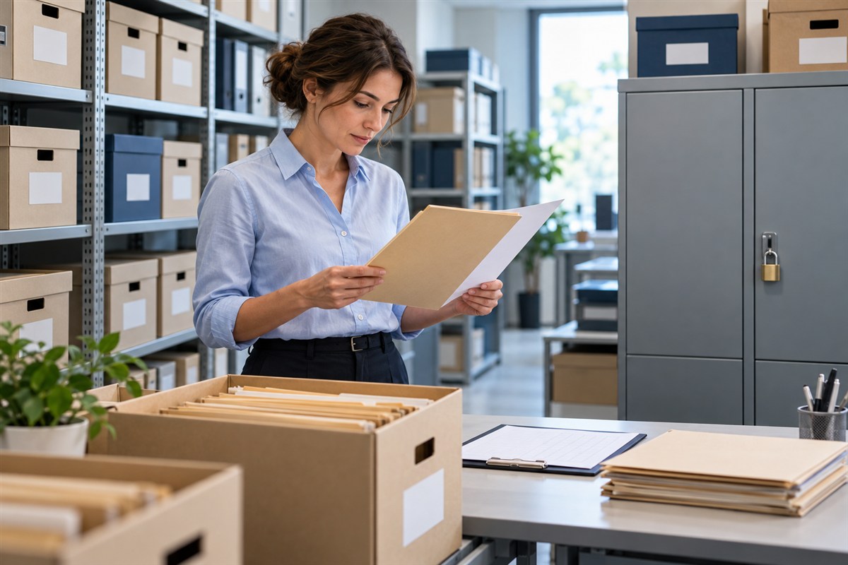 Archivage papier et protection des données RGPD Une femme consulte un dossier dans une salle d’archives, entre cartons de documents et armoire fermée à clé.