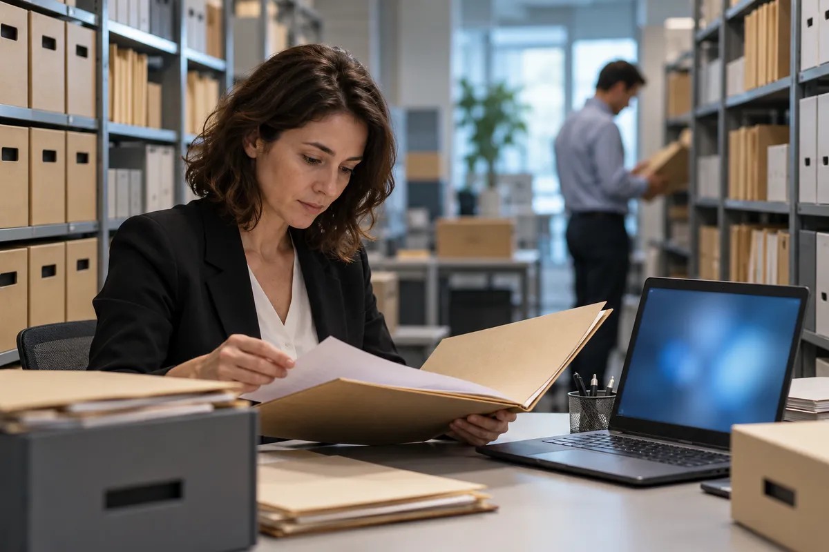 Consultation d’archives et gestion de données personnelles Une femme consulte un dossier papier dans une salle d’archives, devant un ordinateur portable.