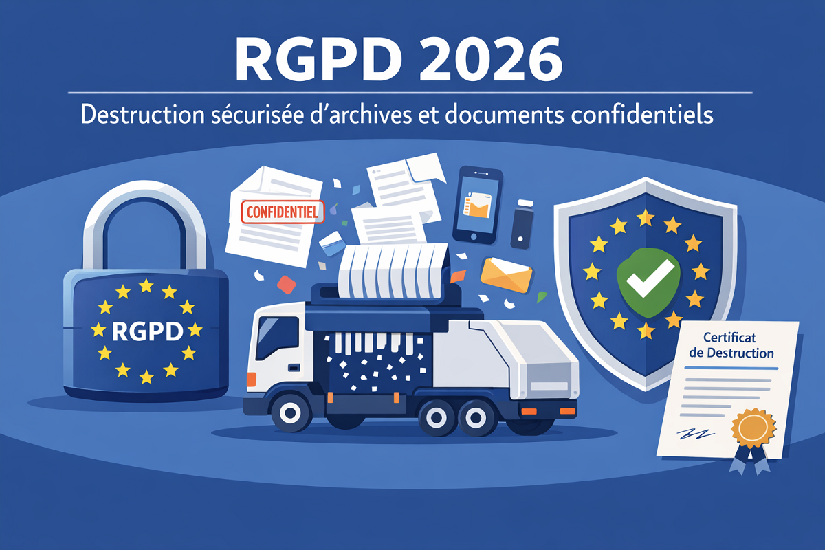 RGPD 2026 et destruction d’archives obligations clés RGPD 2026 destruction sécurisée d’archives et documents confidentiels. Illustration vectorielle