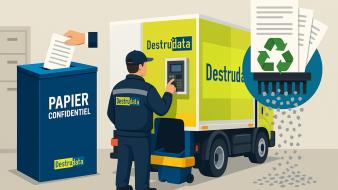 Dessin avec collecteur sécurisé Destrudata et employé avec camion broyeur