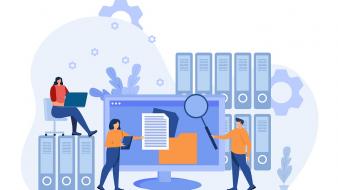 Des personnes récupèrent des documents sur des étagères, utilisent une loupe et consultent des fichiers  Données sensibles : pourquoi une destruction sécurisée